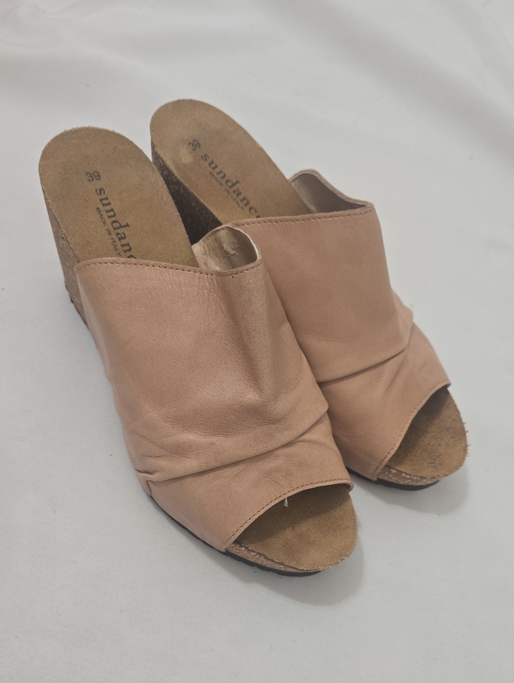 Sundance Blush Tan Leather Cork Wedge Mules 39